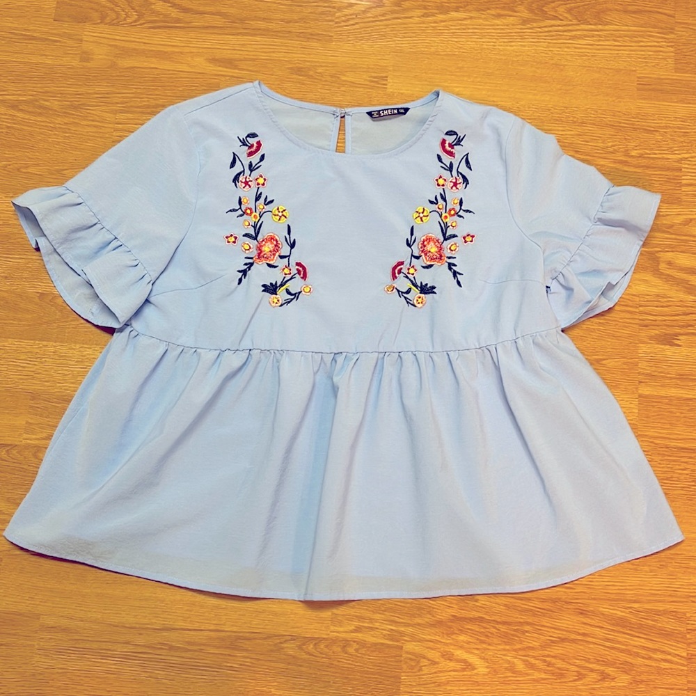 SHEIN Ruffle Sleeve Light Blue Embroidery Detail Blouse